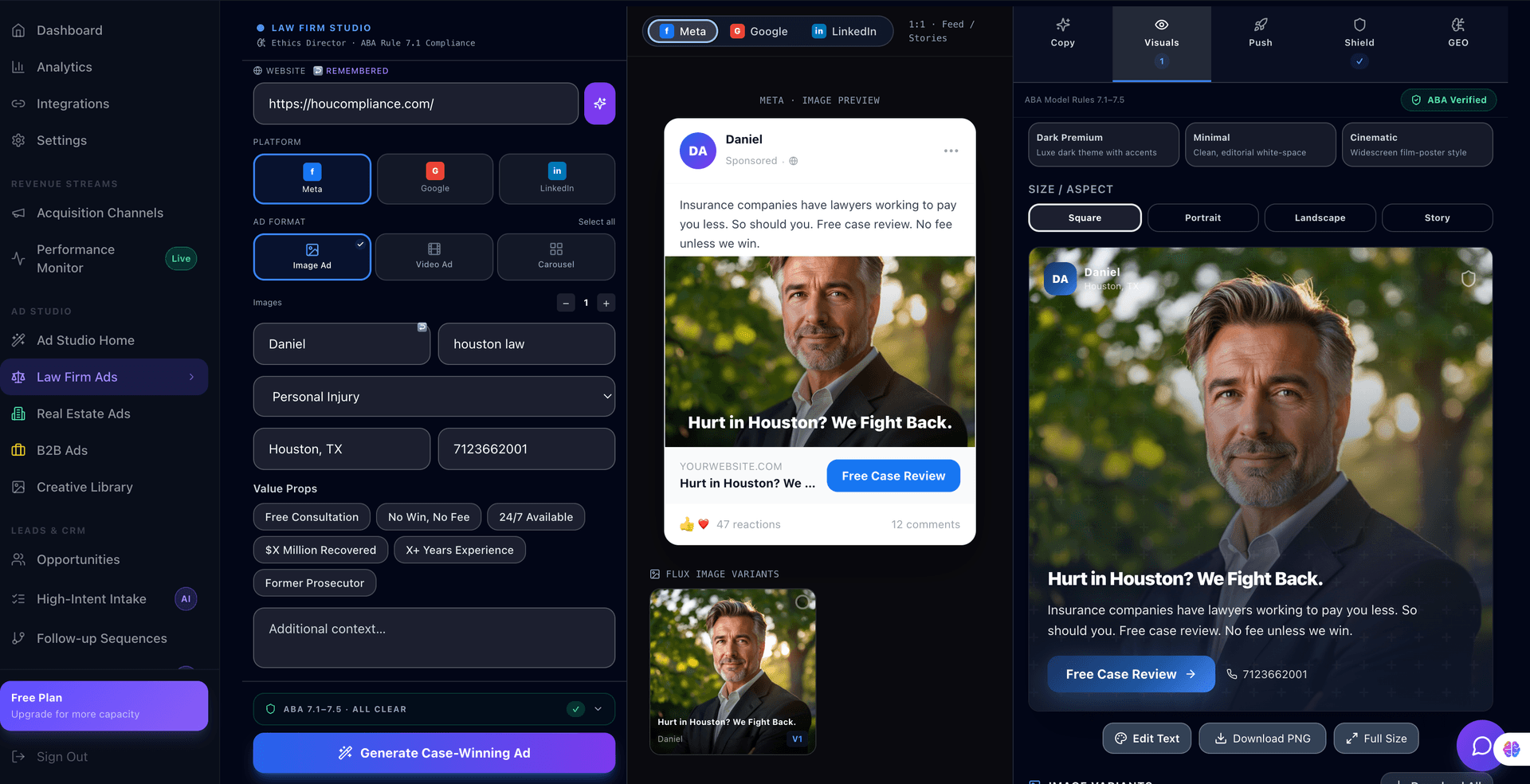 krisAi AdCraft — AI-generated Meta ad preview with copy variants and one-click publish
