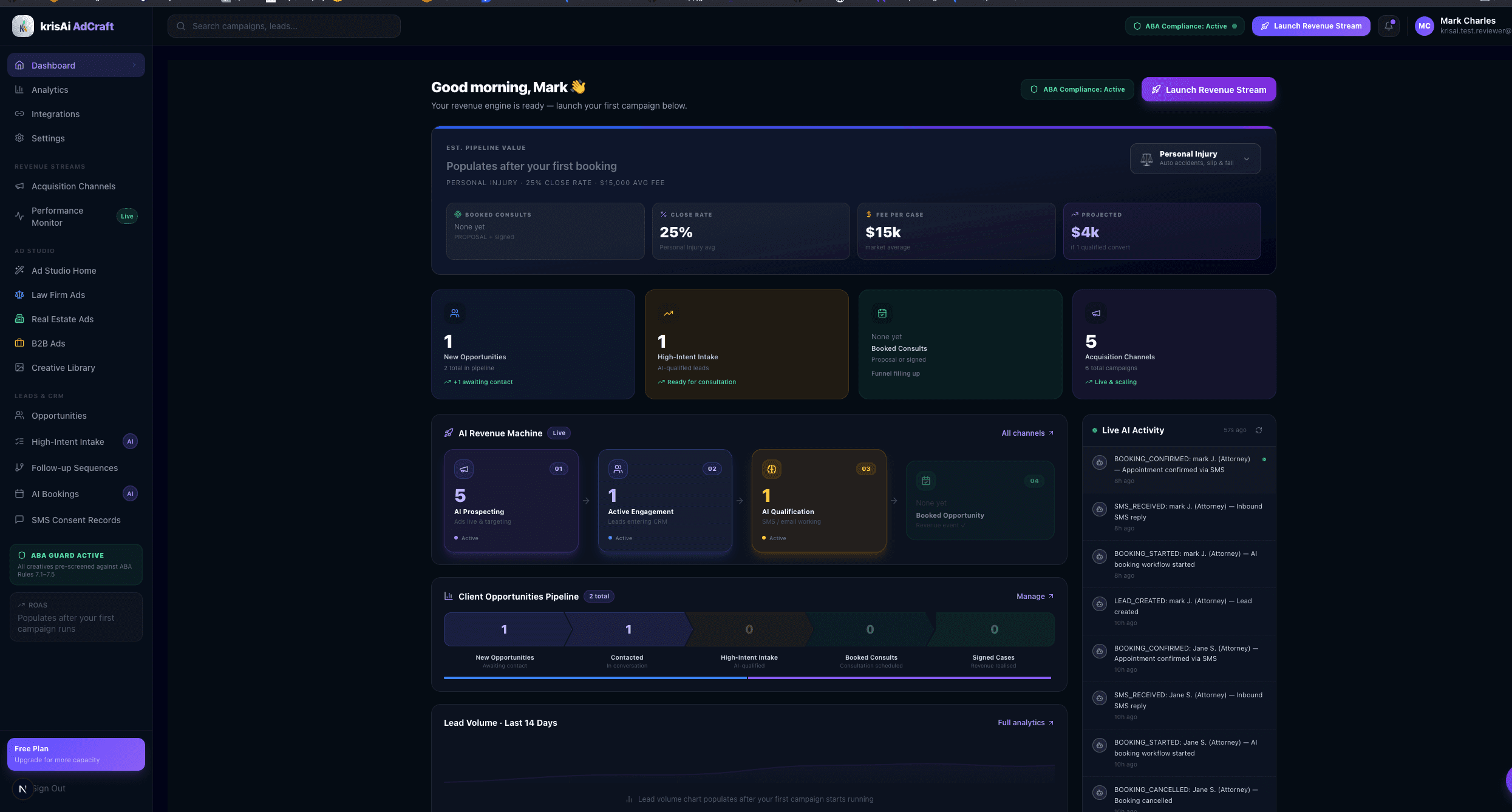 krisAi AdCraft dashboard — CRM pipeline, AI review machine, live activity feed, and bookings overview